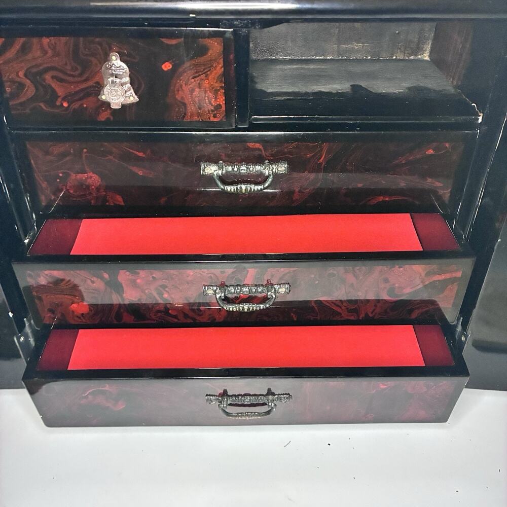 Vintage Chinese Mother of Pearl Inlay Jewelry Cabinet Lacquer Crane Box - Picture 7 of 16